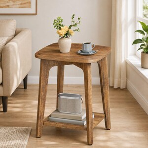 May include: A square wooden side table with a medium brown finish and four angled legs. The tabletop holds a light-coloured vase with yellow flowers and a grey mug on a saucer. A lower shelf supports a grey rectangular speaker and two books.