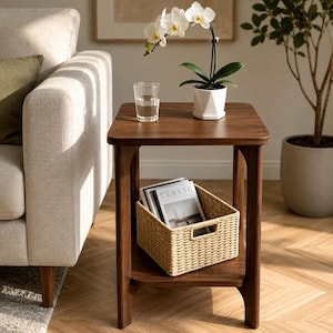 Op de afbeelding: Een vierkante houten bijzettafel met een donkerbruine afwerking, voorzien van een onderste plank met een geweven beige opbergmand met tijdschriften erin. Op het tafelblad staan een helder glas water en een witte orchidee in een witte geometrische pot.