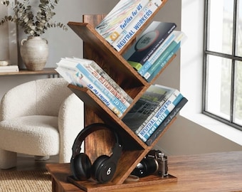 Libreria ad albero a 5 ripiani, piccola libreria da scrivania, scaffale da tavolo in legno, organizer salvaspazio per libri per la camera da letto