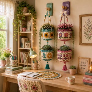 May include: Two vertical hanging crochet plant holders featuring colourful granny square patterns with sunflowers and pink flowers. Each holder contains two pots with green plants and is suspended by wooden beads and a tassel from a wall hook.