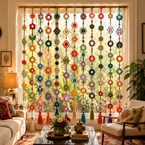 May include: A window curtain composed of multiple vertical strands featuring colorful crocheted flower and geometric motifs. Each strand is finished with a solid-colored tassel at the bottom, creating a vibrant, multi-colored hanging display.