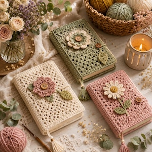 Puede incluir: Tres libros rectangulares con fundas de ganchillo hechas a mano en verde salvia, crema y rosa empolvado. Cada funda presenta una flor central de ganchillo con un botón de madera, una pequeña hoja tejida y una borla a juego en el lomo.