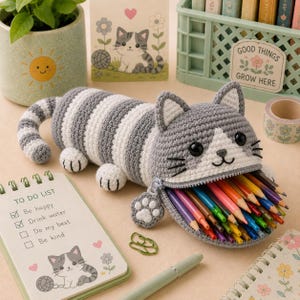 May include: A gray and white striped crochet cat pencil case with a zipper mouth filled with multicolored pencils. The zipper pull is shaped like a cat paw. The cat has black eyes, embroidered whiskers, and a white face patch.