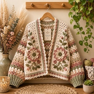 May include: A cream-coloured crochet cardigan featuring a granny square pattern with integrated floral motifs in shades of dusty pink and sage green. The garment has long sleeves, a V-neckline, and a tag that reads "HANDMADE with love".