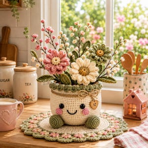 Puede incluir: Un arreglo floral de ganchillo en una maceta color crema con cara sonriente, mejillas rosadas y un pequeño dije de corazón de madera. La maceta descansa sobre un tapete redondo de ganchillo festoneado con detalles florales rosas y verdes.