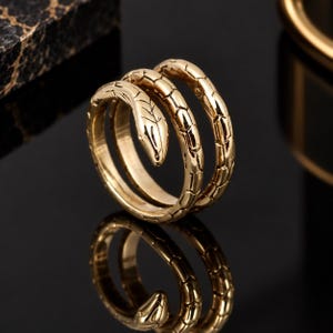 Op de afbeelding: Een goudkleurige metalen ring in de vorm van een kronkelende slang. De band is over de gehele lengte voorzien van een gestructureerd schubbenpatroon, waarbij de slangenkop boven op de winding rust. Het ontwerp vormt een doorlopende spiraal.