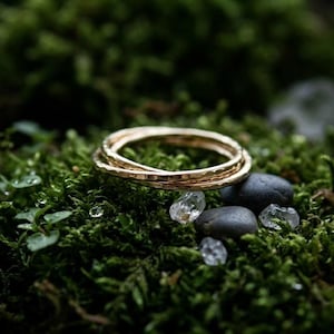 Può includere: Un anello in metallo color oro con una finitura superficiale martellata e testurizzata. L'anello è composto da tre sottili fasce intrecciate unite tra loro per formare un unico gioiello circolare che poggia su un letto di muschio verde.