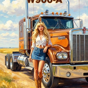 May include: A brown Kenworth W900-A semi-truck with chrome exhaust stacks and grille. A blonde individual with sunglasses, a white tied-front shirt, a blue denim skirt, and brown cowboy boots stands in front of the truck. Text reads KENWORTH W900-A and Enduring Love.