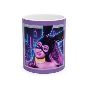 Neon Bunny Girl Pop Art Mug | Retro Synthwave Ceramic Cup (11oz)