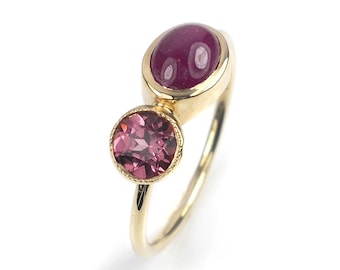 Goldring, Ring mit rosa Turmalin und Rubin, handgearbeitet in zartem Gelbgold