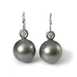 Tahitian pearls 13 mm earrings, recycled white gold 14kt and brilliant cut diamonds 0.20ct wsi
