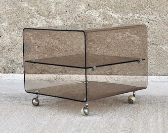 Vintage Smoked Acrylic Side Table on Castors | 1970s Plexiglass End Table | Mid-Century Modern