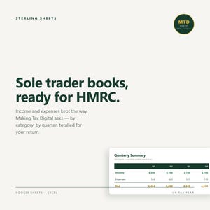 Può includere: Un modello di foglio di calcolo digitale chiamato Sterling Sheets per la contabilità dei lavoratori autonomi. Il testo recita Sole trader books, ready for HMRC. Include una tabella Quarterly Summary con entrate, spese e cifre nette.