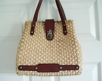 Woven basket purse with leather details