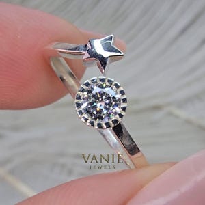 Round Bezel Setting Genuine Lab Grown Ring With Star In 14K White Gold Unique shape Wedding Band For Her, Christmas Wedding Gift For Her