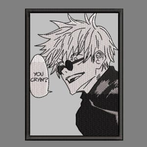 May include: A rectangular embroidered patch featuring a black and white manga-style illustration of a character with spiky hair wearing dark circular glasses. The character is smiling and a speech bubble contains the text "YOU CRYIN?" in black.