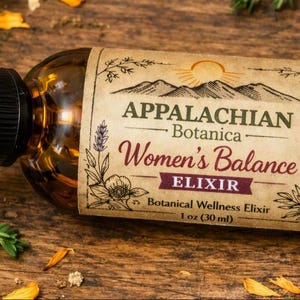 May include: An amber glass dropper bottle labeled Appalachian Botanica Women's Balance Elixir. The label features a mountain graphic, botanical illustrations, and text stating 1 oz (30 ml). The bottle has a black dropper cap.