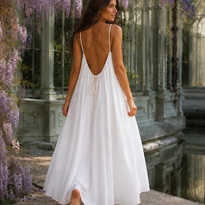 White Cotton Backless Maxi Dress, Boho Flowy Beach Resort Wear