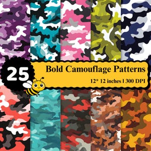 Puede incluir: Una colección de 25 patrones de camuflaje llamativos en varias combinaciones de colores que incluyen morado, azul verdoso, rosa, verde, azul, naranja y rojo. Un banner amarillo muestra el texto 25 Bold Camouflage Patterns, 12* 12 inches l 300 DPI y una abeja.