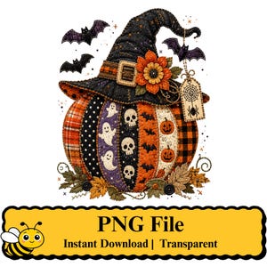 May include: A digital illustration of a patchwork pumpkin wearing a black witch hat adorned with an orange flower and a hanging tag featuring a spider web and spider. The pumpkin features patterns of ghosts, skulls, bats, and orange plaid.