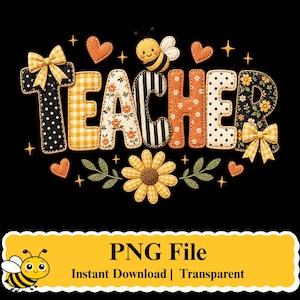 Peut inclure: Un graphique numérique affichant le mot TEACHER en lettres capitales avec des motifs variés, dont des pois noirs, du vichy jaune, des fleurs orange et des rayures noires. Le design inclut une abeille, des cœurs, une marguerite et des nœuds jaunes.