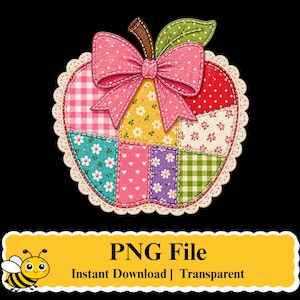 May include: A patchwork apple illustration featuring various fabric patterns including gingham, polka dots, and floral prints in pink, yellow, teal, and green. The apple is topped with a large pink polka-dot bow and a green leaf, bordered by white lace.
