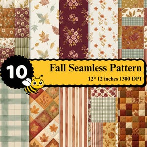 Puede incluir: Una colección de 10 patrones digitales sin costuras con temas otoñales que incluyen hojas, flores, cuadros y rayas en tonos naranja, marrón, crema y verde. El texto dice 10 Fall Seamless Pattern 12* 12 inches l 300 DPI.