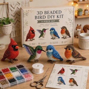 3D Beaded Bird DIY Kit 4-Piece Cardinal Hummingbird Bluebird Robin Beading Craft Set Beginner Beaded Figurine Kit Gift for Bird Lovers