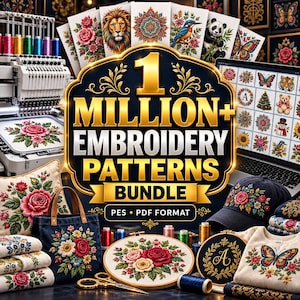 Peut inclure: Un ensemble numérique de plus d'un million de motifs de broderie aux formats PES et PDF, avec un emblème doré central portant le texte 1 MILLION+ EMBROIDERY PATTERNS BUNDLE, entouré d'articles brodés comme un sac, une casquette et des tambours.