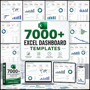 Op de afbeelding: Een verzameling digitale zakelijke dashboard-sjablonen met het Microsoft Excel-logo en de tekst 7000+ EXCEL DASHBOARD TEMPLATES. Het display toont diverse datavisualisaties, grafieken, diagrammen en tabellen op een laptop, tablet en smartphone.