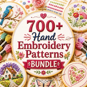 May include: A collection of embroidery hoops featuring various designs including a blue bird, flowers, a house, and a butterfly. The central hoop displays the text 700+ Hand Embroidery Patterns BUNDLE in red and blue thread on white fabric.