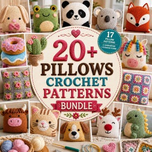 May include: A digital graphic featuring 20+ pillows crochet patterns bundle with text and images of various crocheted pillows including animals, a cactus, a donut, and floral designs. The central text reads 20+ PILLOWS CROCHET PATTERNS BUNDLE.