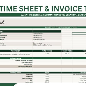 Contractor Time Tracker and Invoice Excel Template | Automated Timesheet, Expenses, Mileage & GST