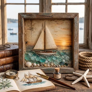 May include: A framed 3D nautical art piece featuring a sailboat on sea glass waves, set against a vintage map background. The scene includes a compass, an open book with a ship illustration, a fountain pen, ink, and a starfish on a wooden table.