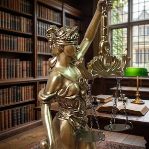 Puede incluir: Una estatua dorada de la Dama de la Justicia que muestra una figura con los ojos vendados sosteniendo una balanza suspendida por cadenas. La figura viste una prenda drapeada y sostiene la balanza en una mano levantada, acabado metálico.