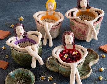 Artisan Crafted Resin Tea Infuser | Hand-Painted Bathing Lady Loose Leaf Tea Strainer | Whimsical Tea Accessory & Unique Gift for Tea Lover