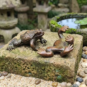 Puede incluir: Dos figuras de rana de color bronce sobre un bloque de piedra musgoso y texturizado. Una rana está en posición agachada, mientras que la otra está tumbada boca arriba con las extremidades extendidas hacia arriba, mostrando una piel rugosa detallada.