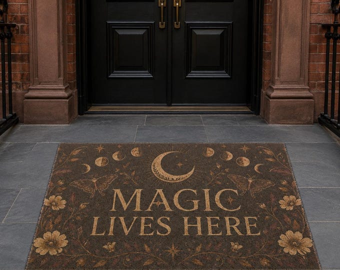Featured listing image: Celestial Moon Phase Doormat | Magic Lives Here Coir Welcome Mat