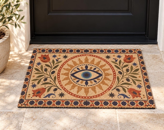 Featured listing image: Evil Eye Coir Doormat, Turkish Nazar Welcome Mat, Boho Front Door Decor, Housewarming Gift