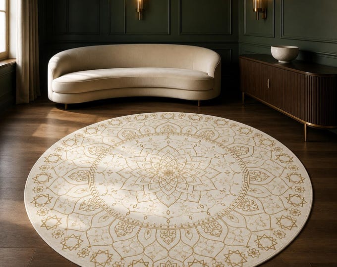 Featured listing image: 5 Ft Gold Mandala Round Rug, Boho Meditation Space Decor, Neutral Chenille Area Rug