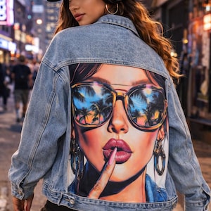 Peut inclure: Une veste en jean bleu clair avec une grande impression graphique colorée au dos. L'image représente un visage portant des lunettes de soleil surdimensionnées reflétant des palmiers, un doigt posé sur les lèvres. Veste à col et poignets boutonnés.