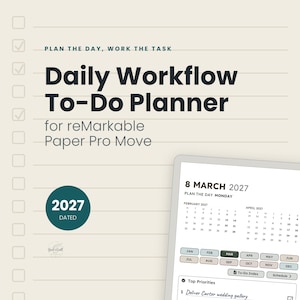 Może przedstawiać: Cyfrowy planer zadań dziennych dla reMarkable Paper Pro Move, z beżowym tłem w poziome linie, listą kontrolną, turkusowym kołem z datą 2027 oraz widokiem kalendarza na marzec 2027 z sekcją najważniejszych priorytetów.