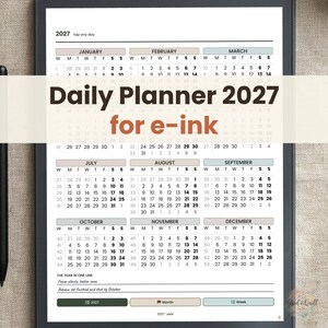Daily Planner for Kindle Scribe Supernote reMarkable 2, Dated 2027 Hyperlinked Diary, Hourly Block Schedule, Year Month Week Pages