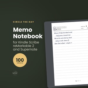 Op de afbeelding: Een digitaal notitieboek-sjabloon voor Kindle Scribe, reMarkable 2 en Supernote-apparaten. Het scherm toont een gelinieerde pagina met een datumkop, weerpictogrammen en handgeschreven notities over vitamine K. Een gele cirkel geeft 100 MEMOS aan.