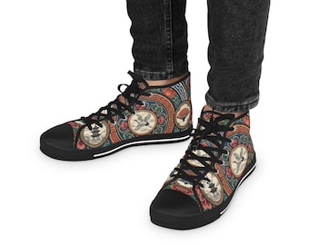 Vintage Asian Floral Skull High Top Sneakers | Retro tattoo art