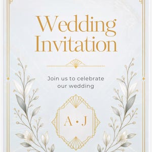 Puede incluir: Una tarjeta de invitación de boda rectangular con un borde dorado y acentos geométricos en las esquinas. El texto dice Wedding Invitation, Join us to celebrate our wedding y A J dentro de un marco de diamante dorado, flanqueado por flores grises.
