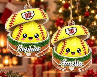 Custom Softball Dumpling Squishy Style Acrylic Ornament, Personalized Christmas Gift for Daughter Son Grandkids, Cute Sports Keepsake
