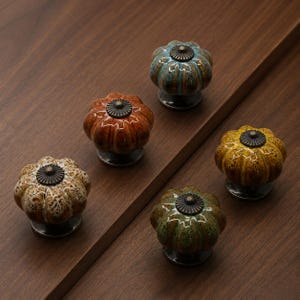 Vintage Ceramic Pumpkin Knobs, Antique Bronze Cabinet Knobs, Colorful Drawer Pulls, Dresser Knobs, Kitchen Cupboard Furniture Hardware