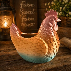 May include: A ceramic chicken-shaped planter featuring a gradient color scheme that transitions from a soft pink at the head and neck to a warm orange in the center, ending in a light blue at the base, with detailed sculpted feather textures.