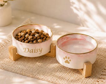 Custom Ceramic pet Bowl ,Elevated Ceramic Pet Bowl with Wooden Stand, Raised Cat Dog Feeder, puppy gift, Food Dish for Cats & Dogs